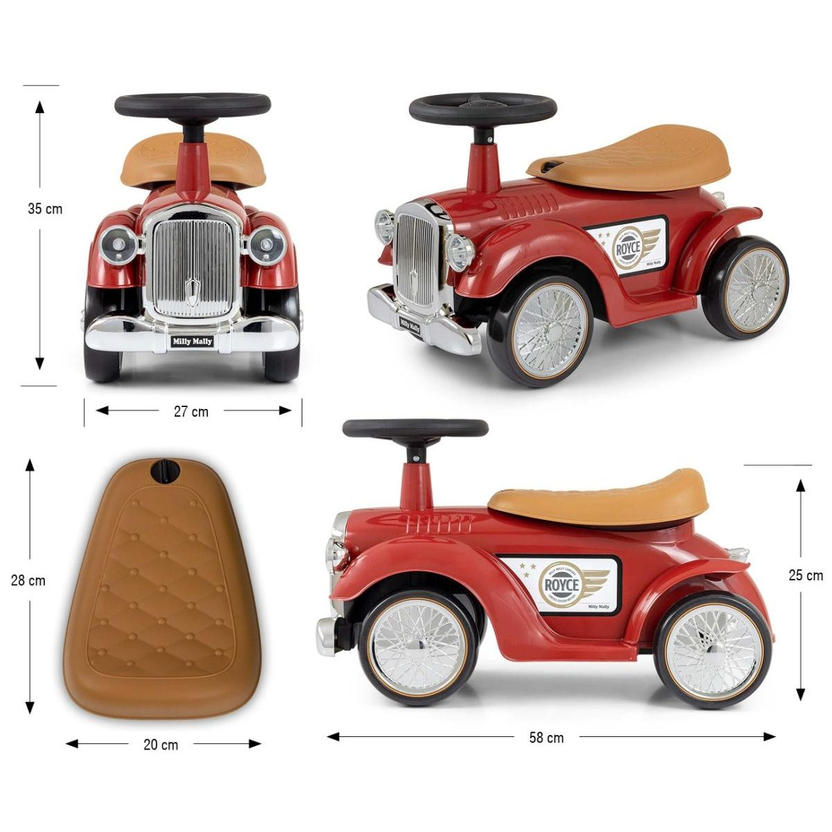 Rotes Spielzeugauto für Kinder mit silbernen Details, braunem Sitz und Maßangaben.