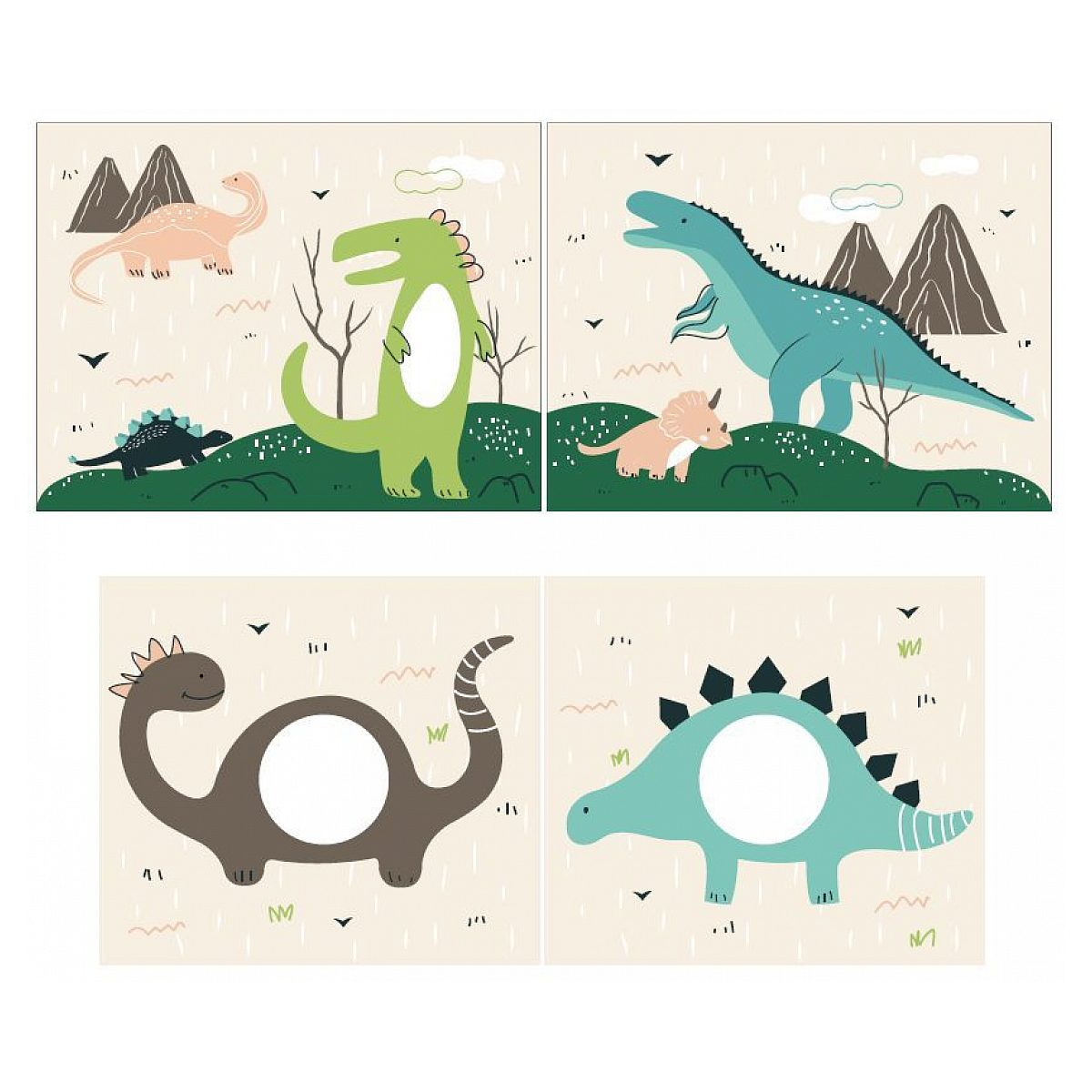 Vier Bilder zeigen niedliche Cartoon-Dinosaurier in einer prähistorischen Landschaft.