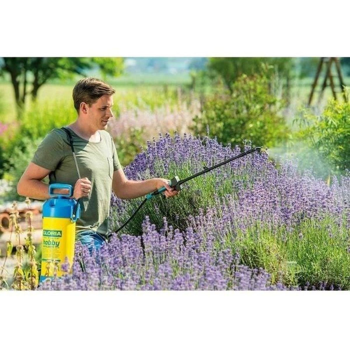 Ein Mann sprüht Lavendelblüten im Garten mit einem gelb-blauen Sprühgerät.