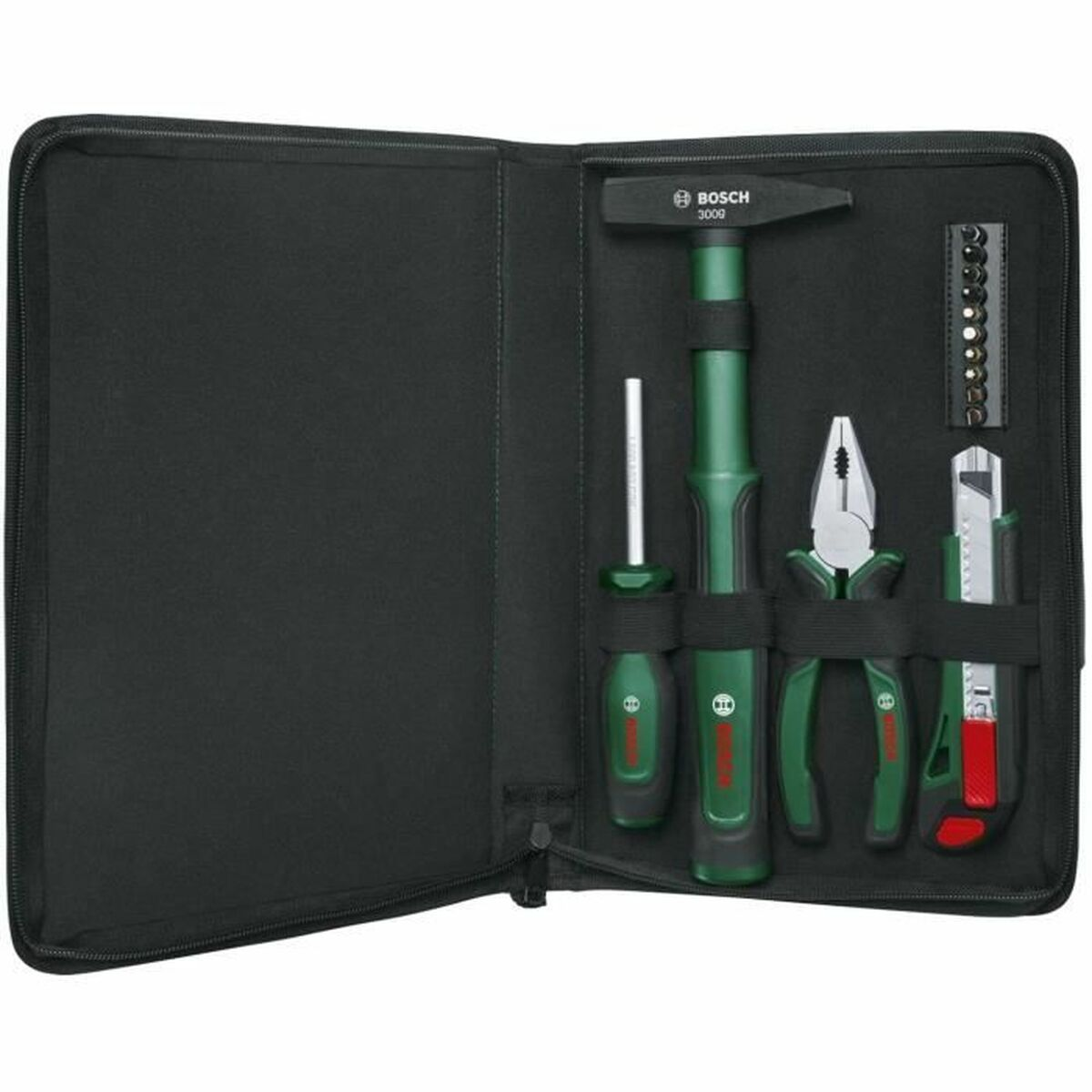 Ein schwarzes Werkzeugset mit Bosch-Werkzeugen wie Hammer, Zange, Schraubendreher, Cuttermesser und Bits.
