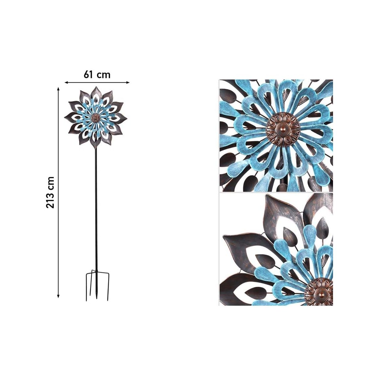 Metall-Gartenwindspiel, 213 cm hoch und 61 cm breit, mit blauen und braunen Blütenblättern sowie Detailaufnahmen.