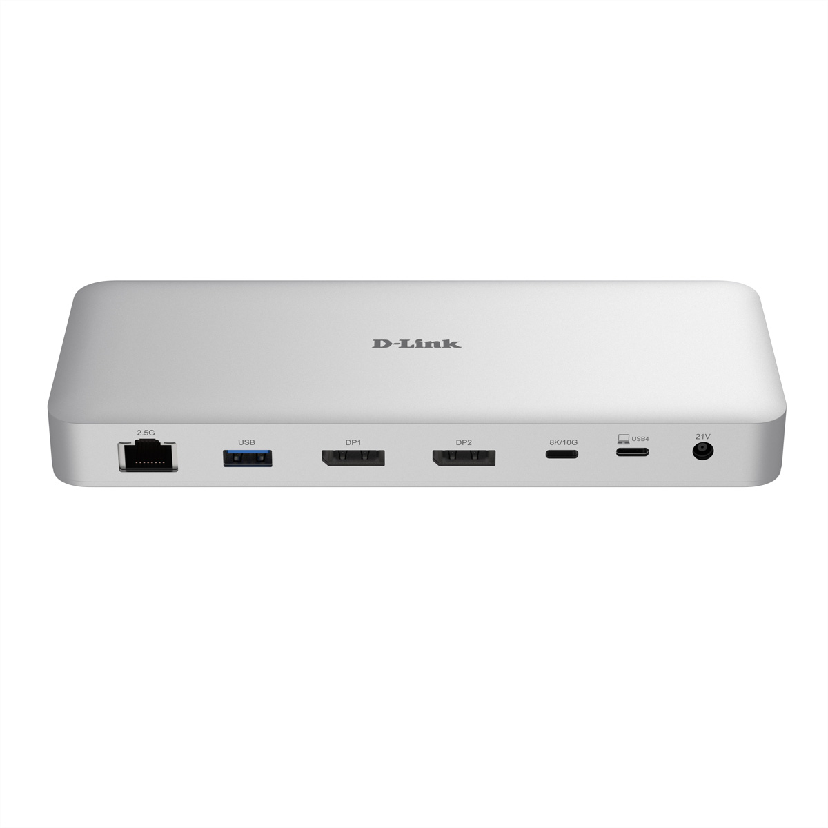 Silberner D-Link USB-C-Hub mit mehreren Anschlüssen, darunter Ethernet, USB, DisplayPort und Stromanschluss auf weißem Grund.