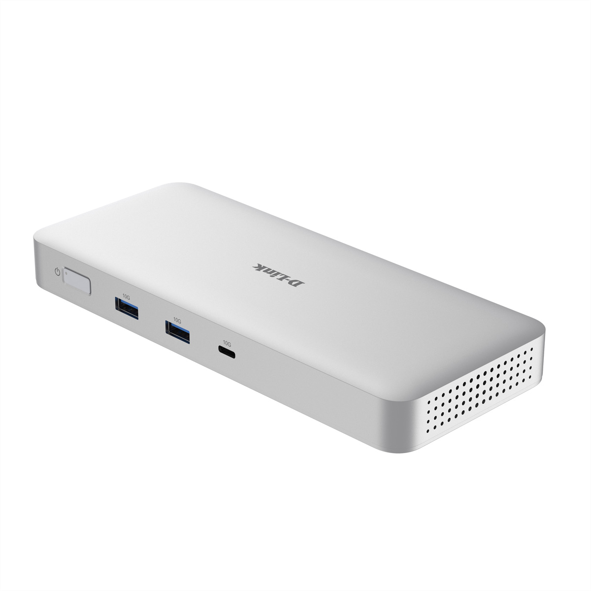 Silberner D-Link USB-C-Hub mit USB-Ports und Power-Button auf weißem Grund.