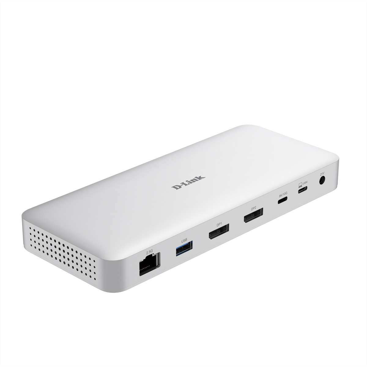 Silberner D-Link USB-C-Hub mit mehreren Anschlüssen, Ethernet und DisplayPort auf weißem Hintergrund.