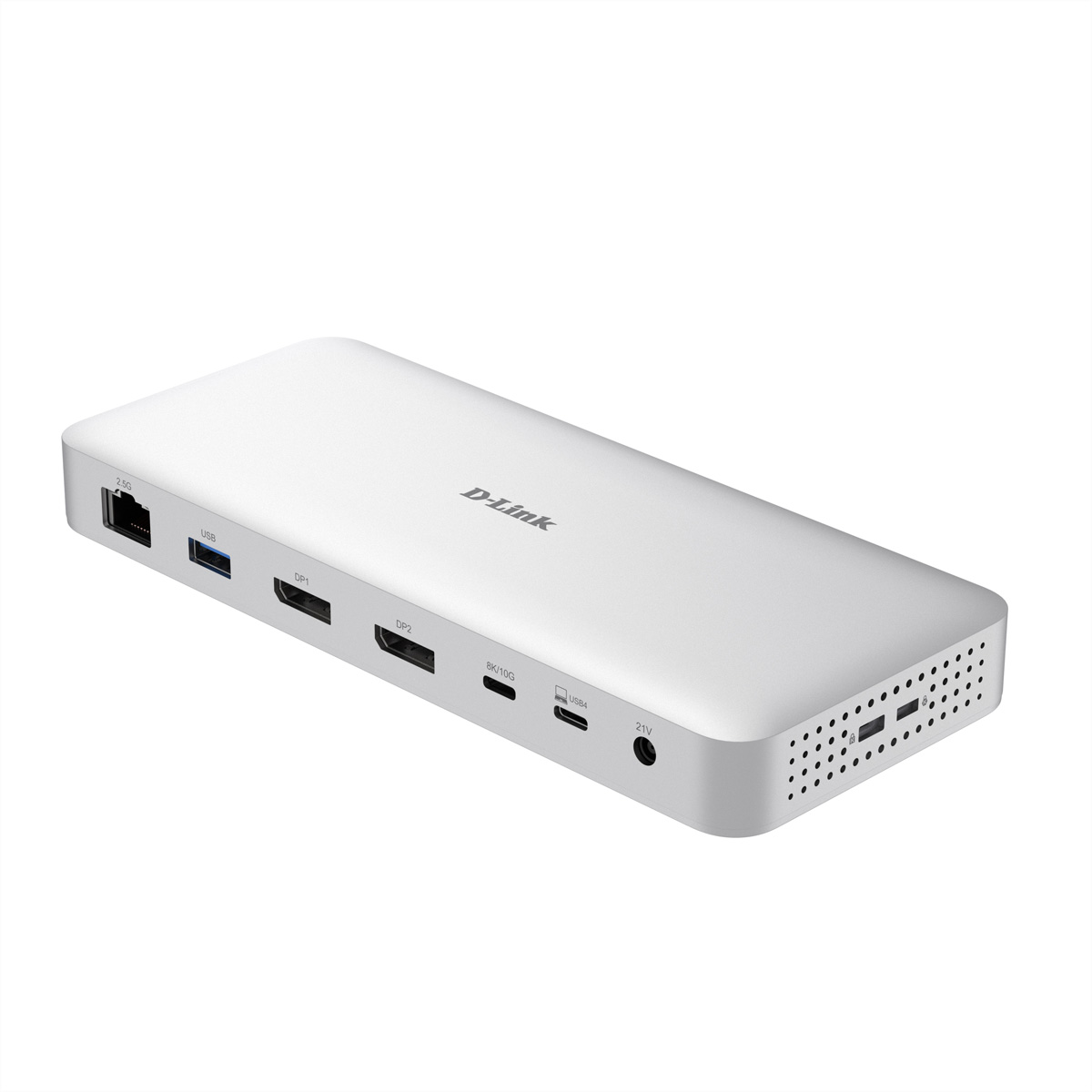 Eine silberne D-Link-Dockingstation auf weißem Hintergrund mit mehreren Anschlüssen wie Ethernet, USB, DP und USB4.