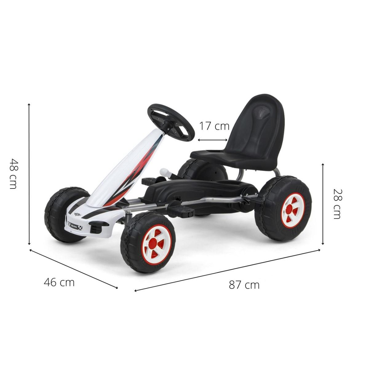 Ein weiß-schwarzes Go-Kart für Kinder mit Maßen, rotem Felgendekor und schwarzem Sitz vor weißem Hintergrund.