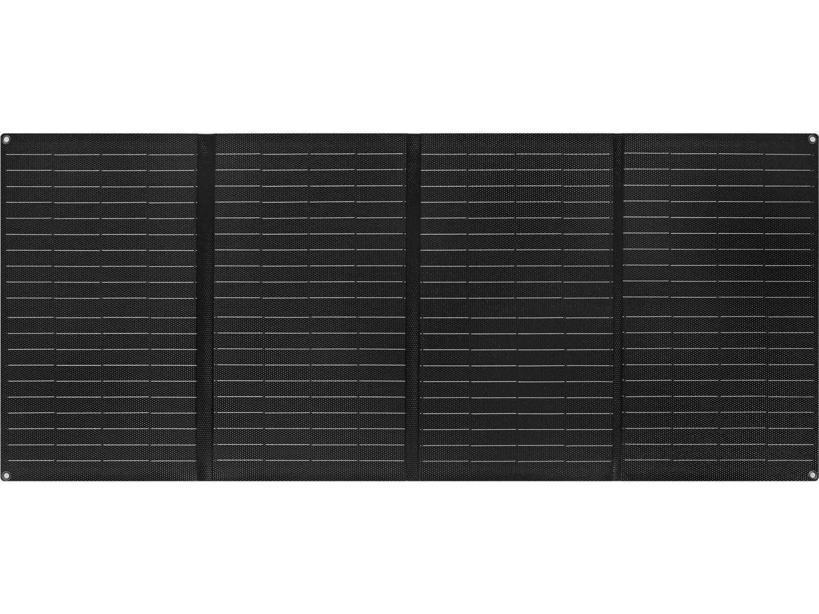 Ein schwarzes, faltbares Solarmodul mit vier verbundenen Sektionen und sichtbaren Gitterzellen vor weißem Hintergrund.