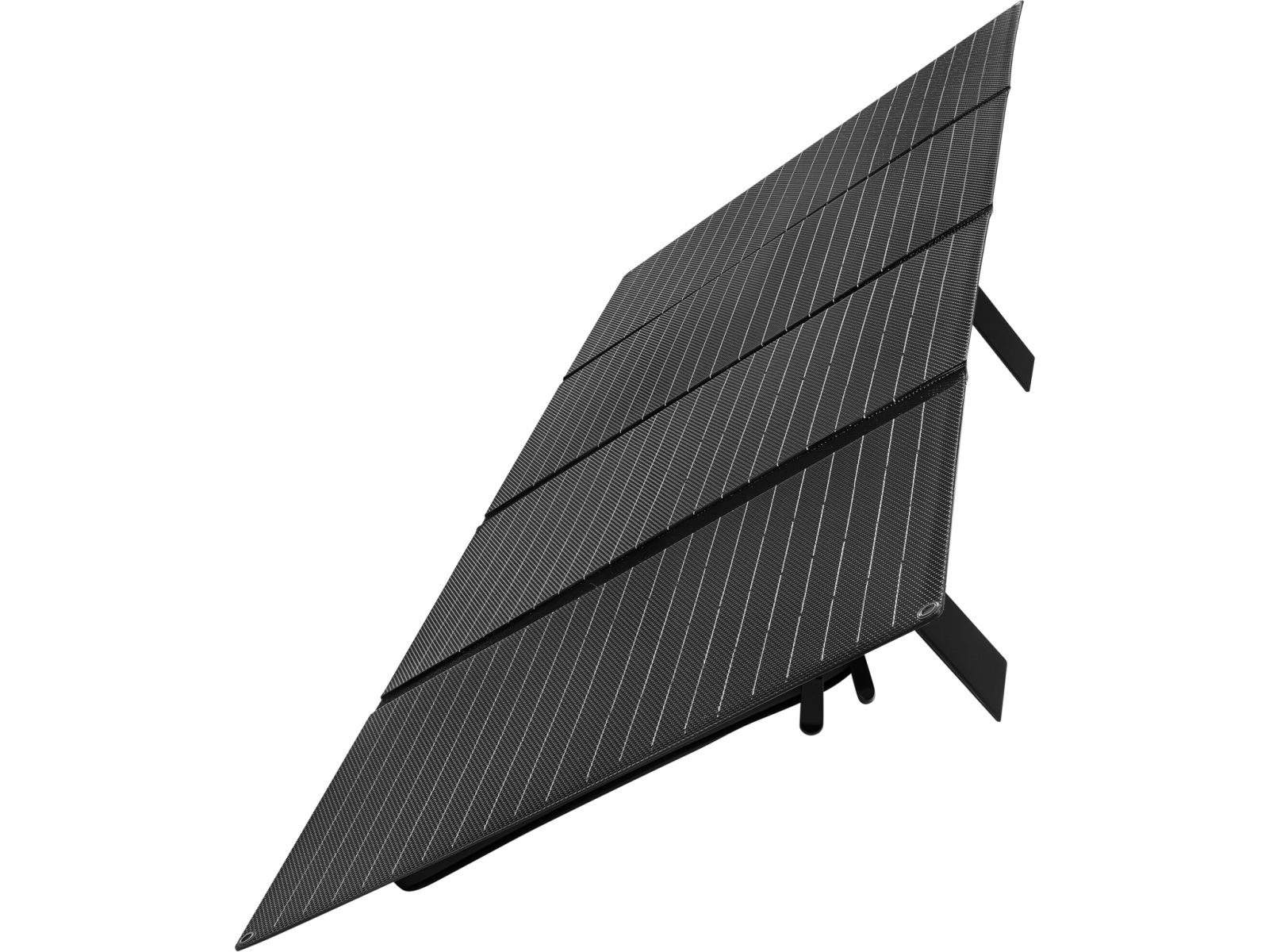 Ein tragbares, schwarzes faltbares Solarpanel mit Ständern auf weißem Hintergrund.