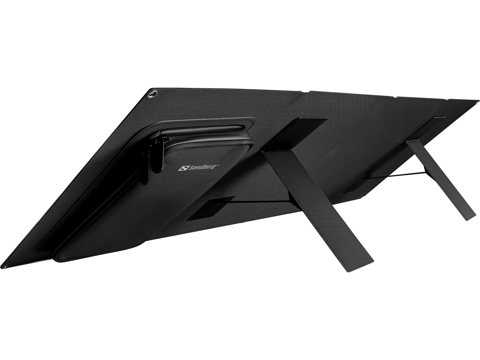 Ein schwarzes, faltbares Solarpanel mit integrierten Ständern und einer Zubehörtasche auf der Rückseite.