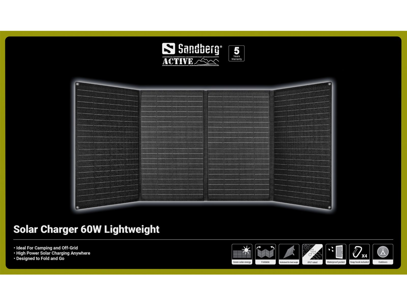 Sandberg Active 60W faltbares Solarladegerät, ideal für Camping, IP67 wasserdicht mit 5 Jahren Garantie.