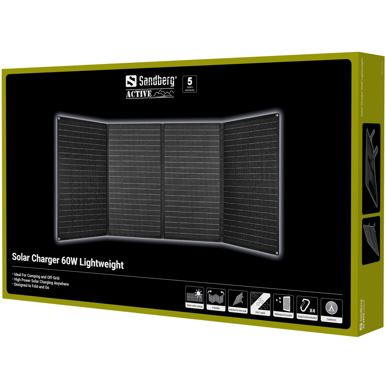 Verpackung eines Sandberg Active 60W leichten Solar-Ladegeräts mit Produktbild und Merkmalen.