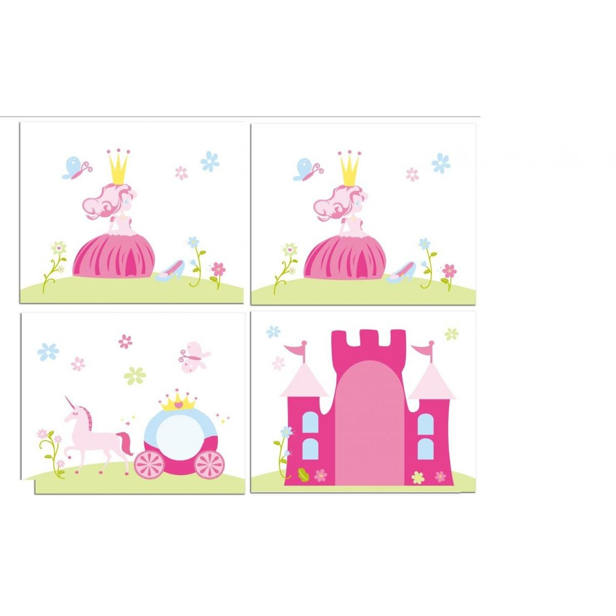 Vier Bilder im Prinzessinnen-Stil mit pinker Prinzessin, Schloss, Einhorn und Kutsche auf weißem Grund.