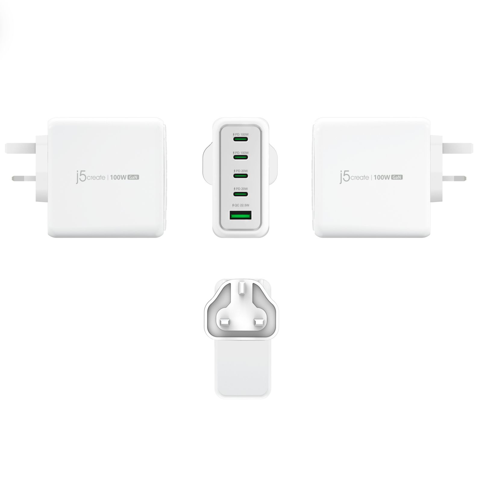 Ein weißes j5create 100W GaN Netzteil mit mehreren USB-Anschlüssen aus verschiedenen Blickwinkeln.