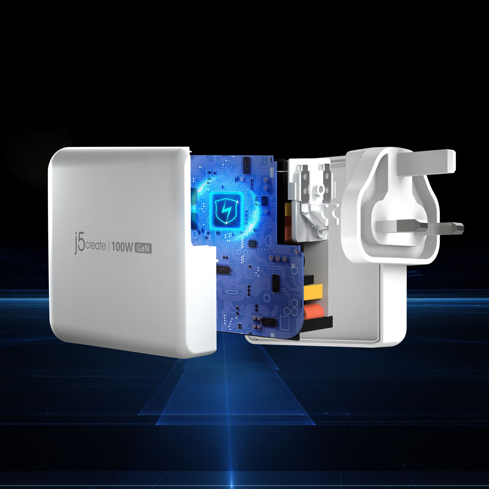 Aufgeschnittener weißer j5create 100W GaN Ladestecker mit sichtbarer blauer Platine und elektrischen Komponenten.