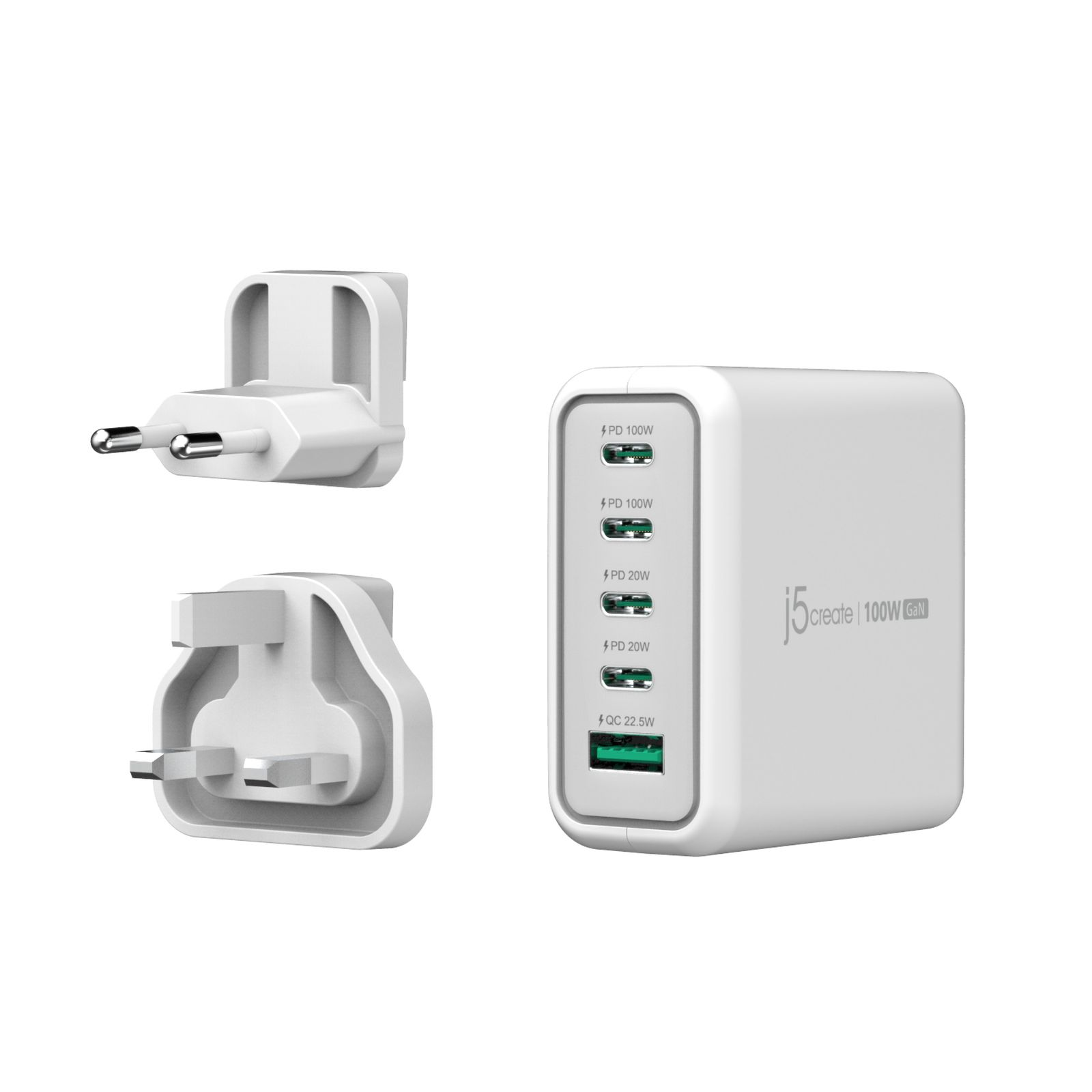 Weißes USB-Ladegerät mit fünf Anschlüssen und zwei abnehmbaren Steckeradaptern auf weißem Hintergrund.