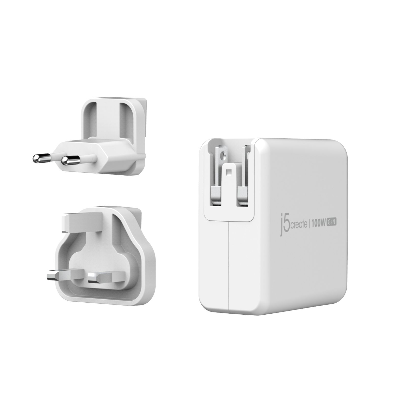 Weißes j5create 100W GaN-Netzteil mit zwei austauschbaren Steckern.