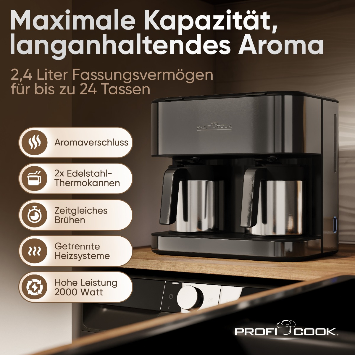 Moderne schwarze Kaffeemaschine mit zwei Thermoskannen auf einer Holzoberfläche und deutschen Texten.