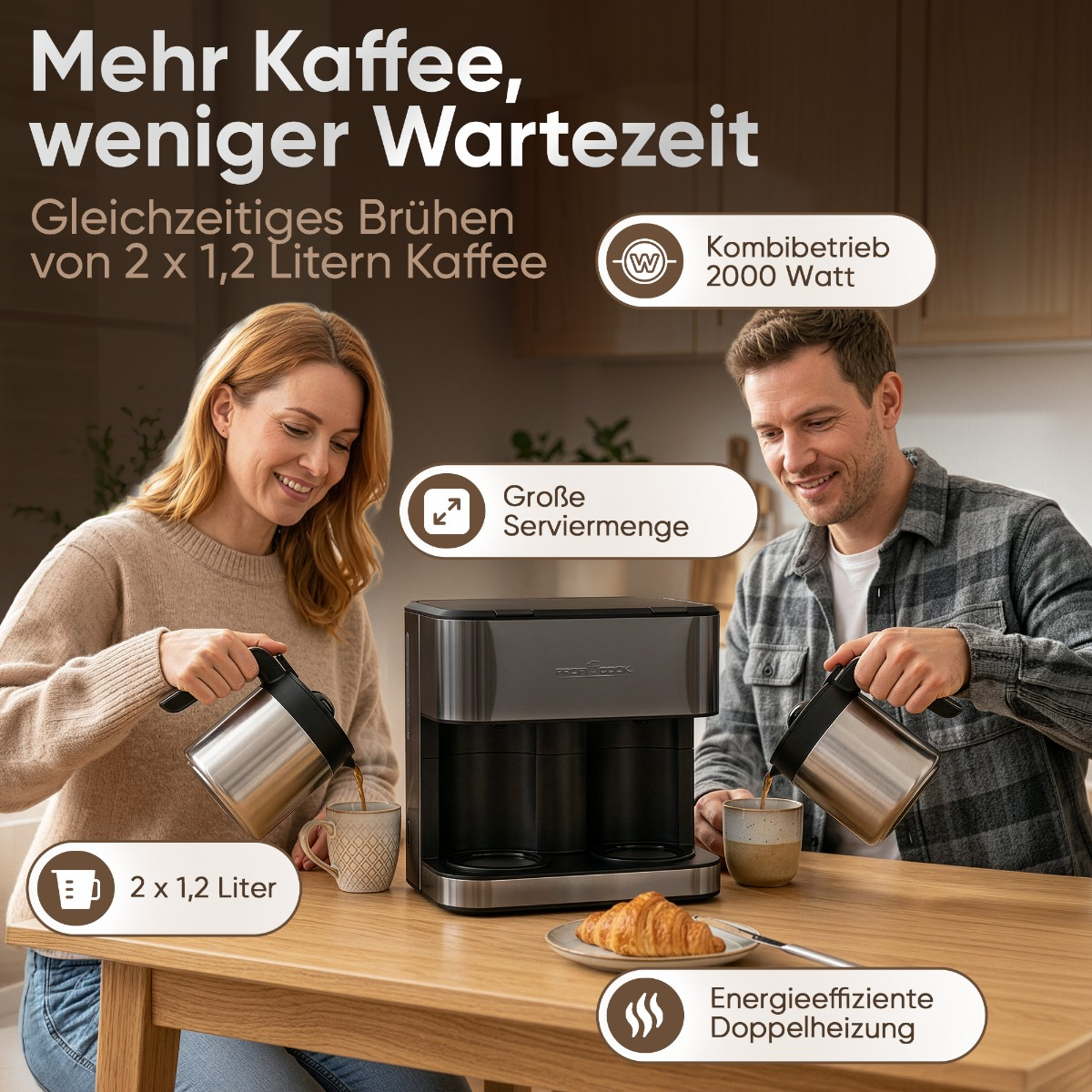 Ein Paar gießt Kaffee aus einer Doppel-Kaffeemaschine in Tassen ein.