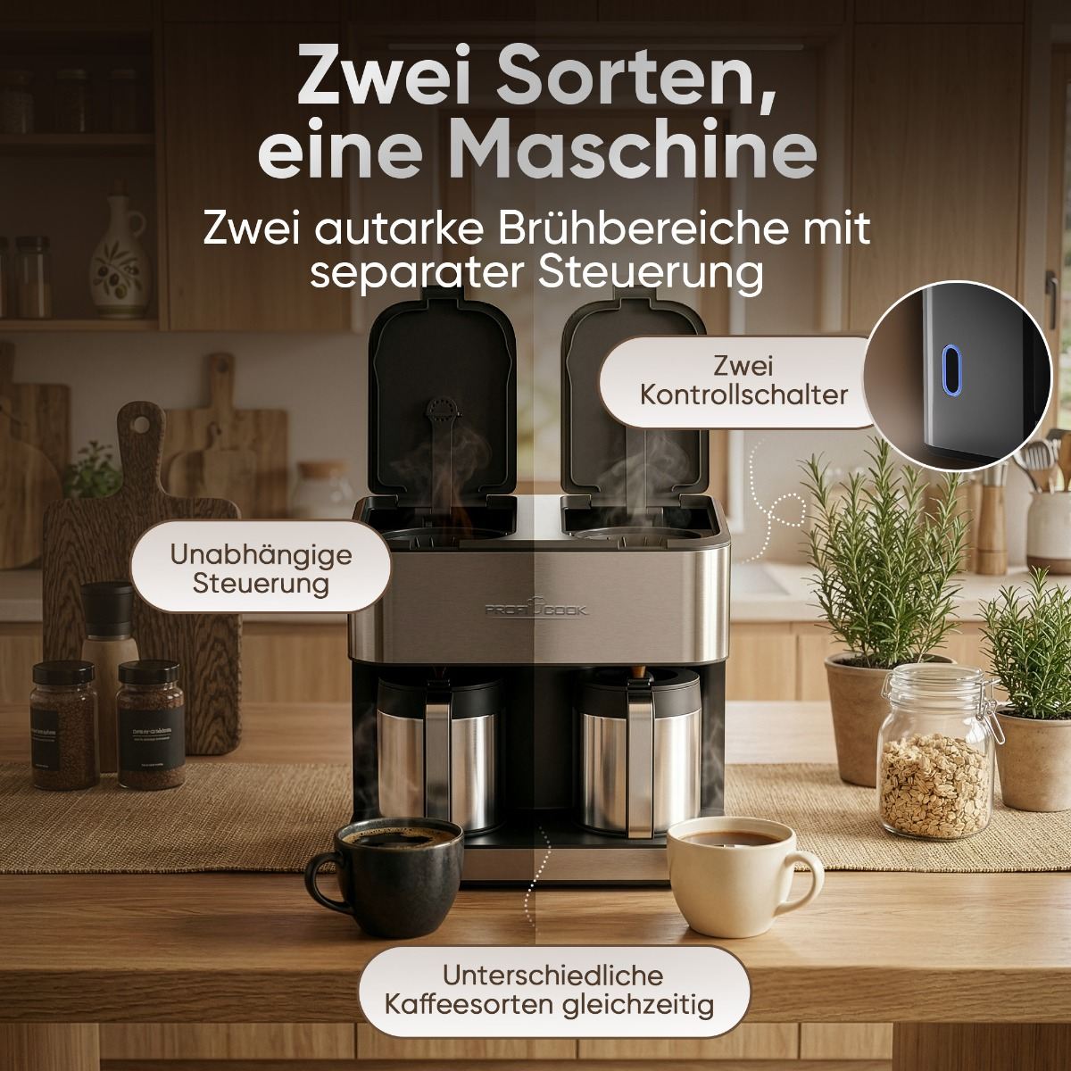 Eine Doppel-Kaffeemaschine mit zwei autarken Brühbereichen steht auf einer Holztheke in einer Küche.