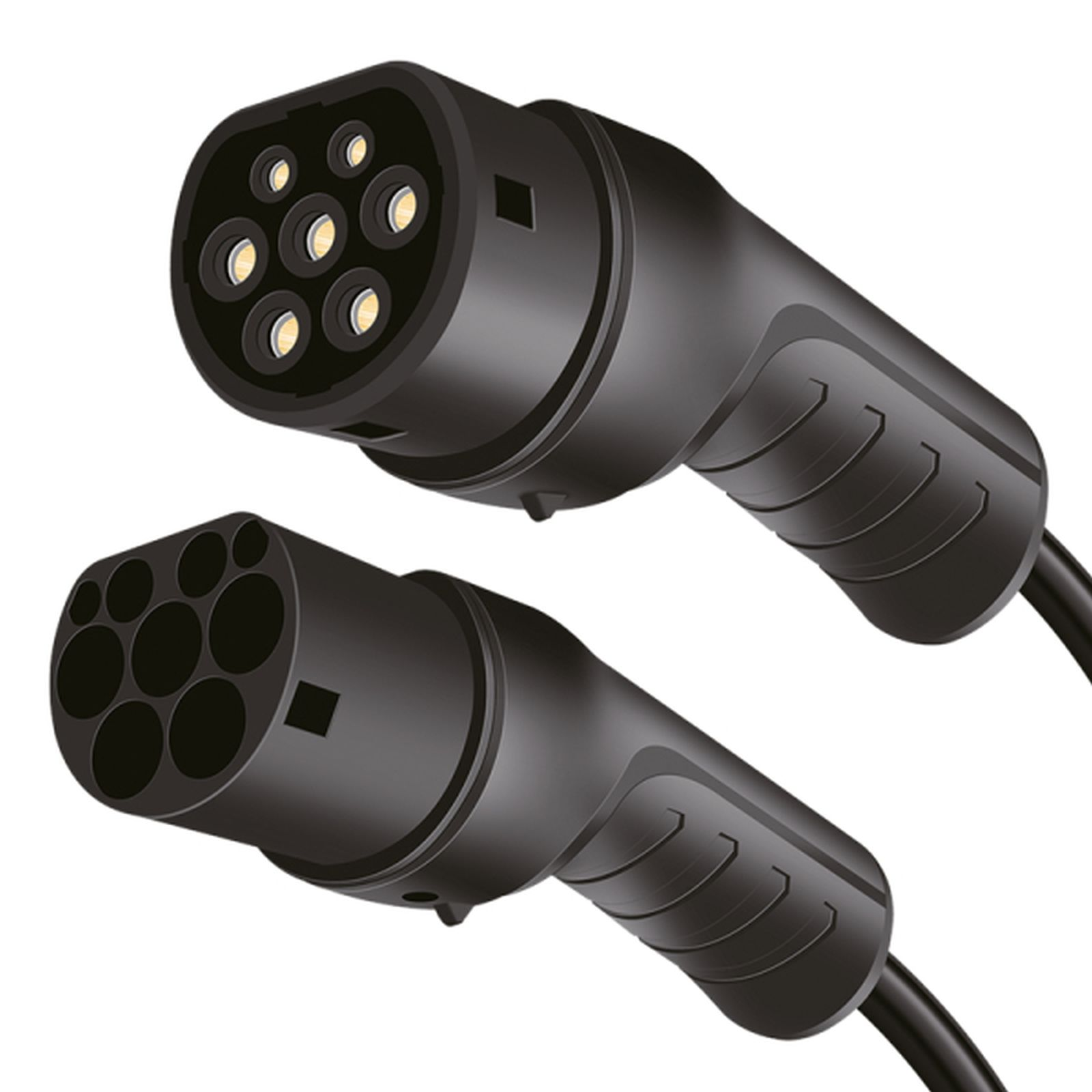 Zwei schwarze Elektroauto-Ladekabel mit Steckern vor weißem Hintergrund.