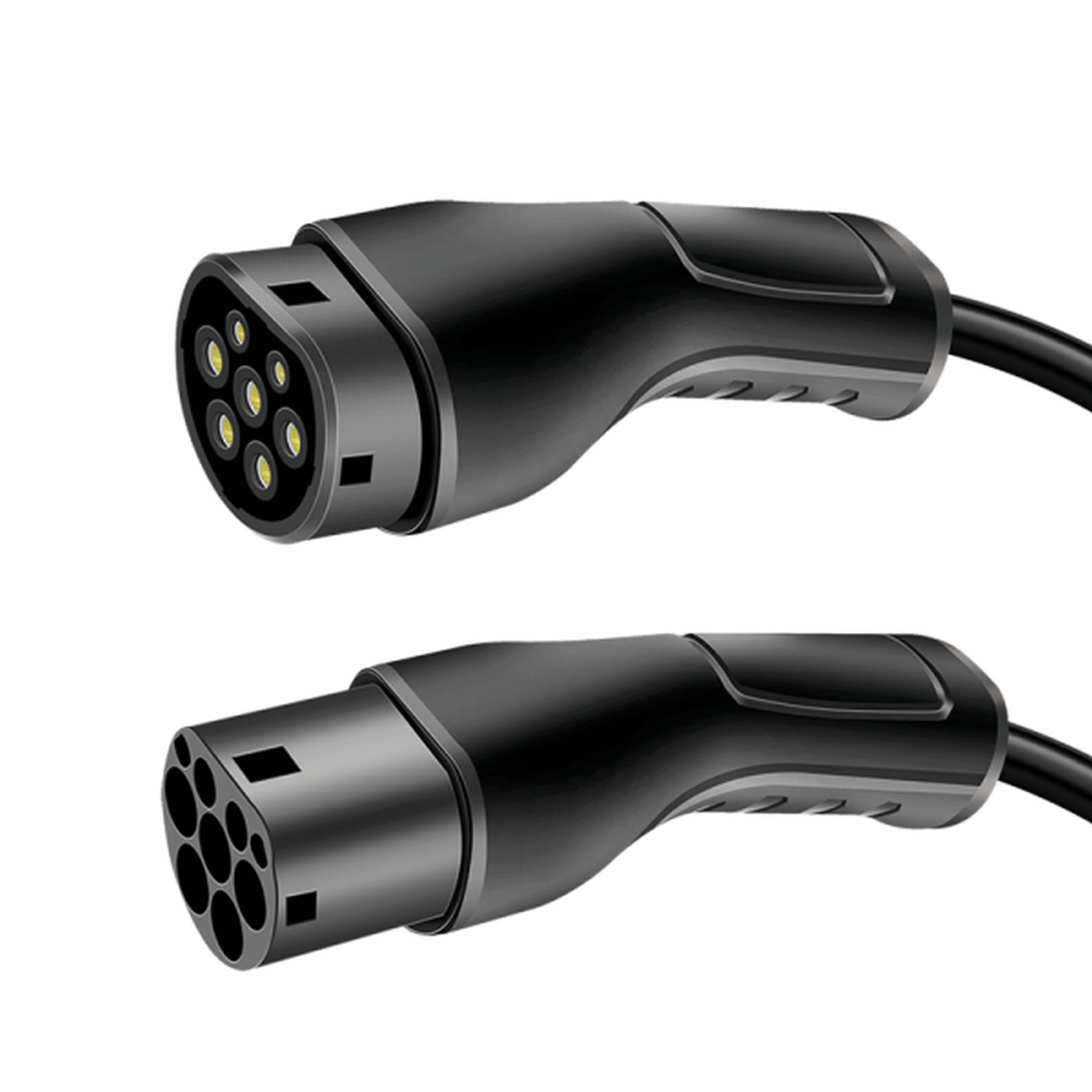 Zwei schwarze EV-Ladekabelstecker vor weißem Hintergrund.