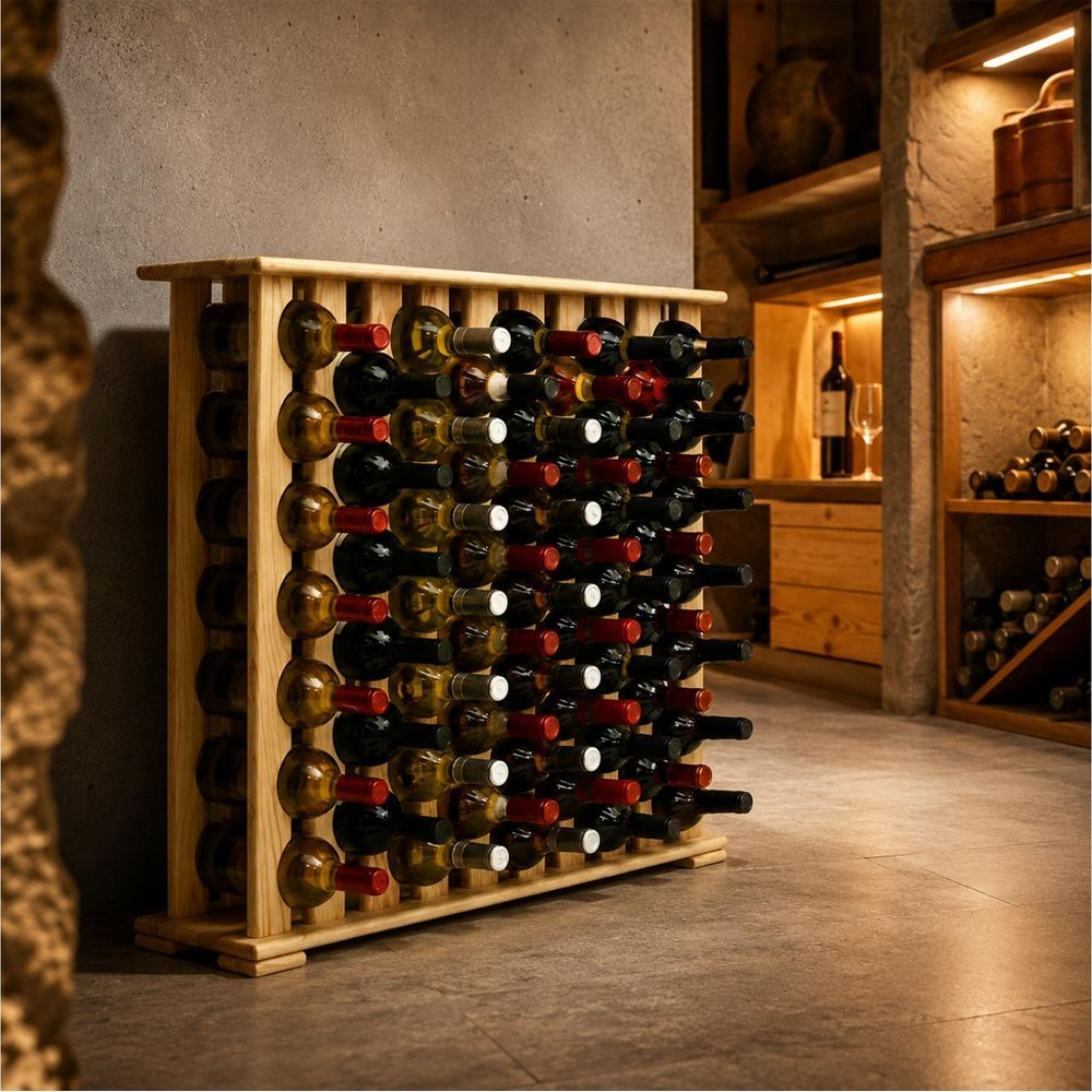 Ein hölzernes Weinregal voller Flaschen steht in einem gemütlichen, gut beleuchteten Weinkeller.