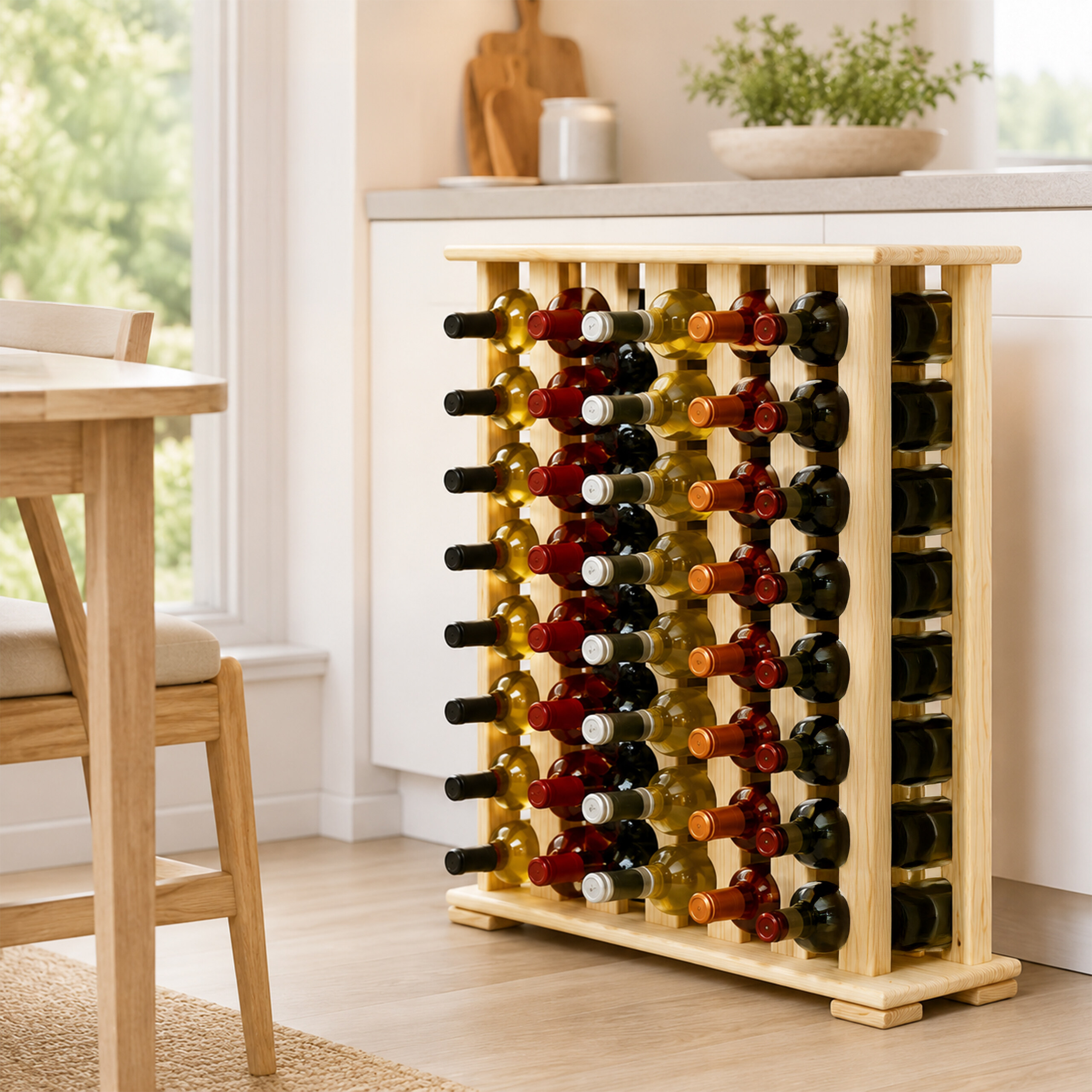 Ein hölzernes Weinregal gefüllt mit verschiedenen Weinflaschen steht in einer hellen Küche neben einem Tisch.