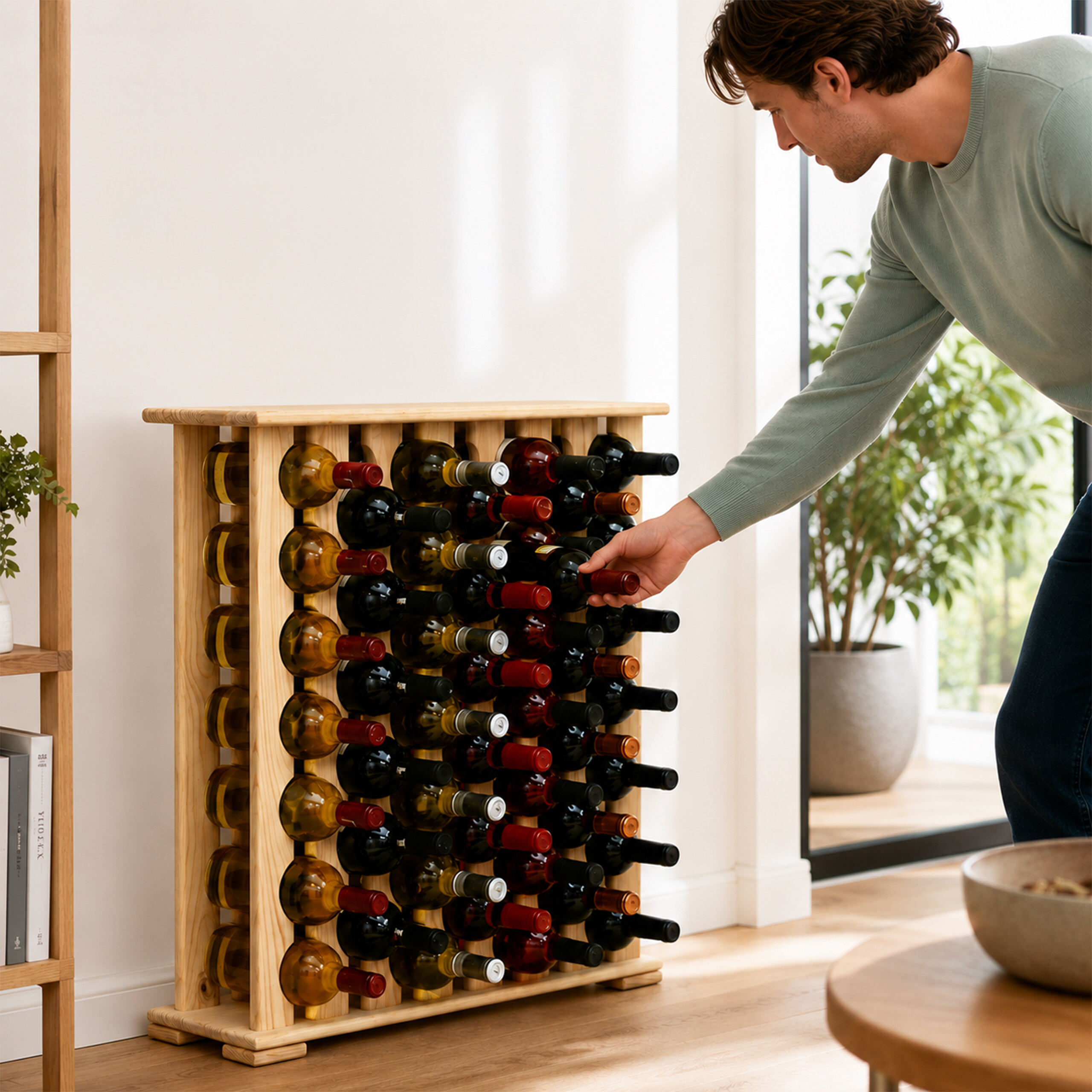 Ein Mann wählt eine Weinflasche aus einem hölzernen Weinregal in einem hellen Raum aus.