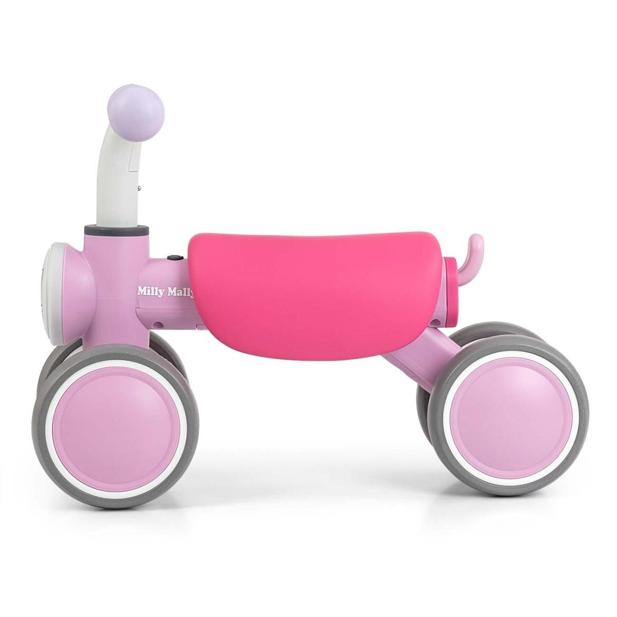 Ein rosafarbenes und violettes Laufrad für Kleinkinder mit vier Rädern und einem rosa Sitz.