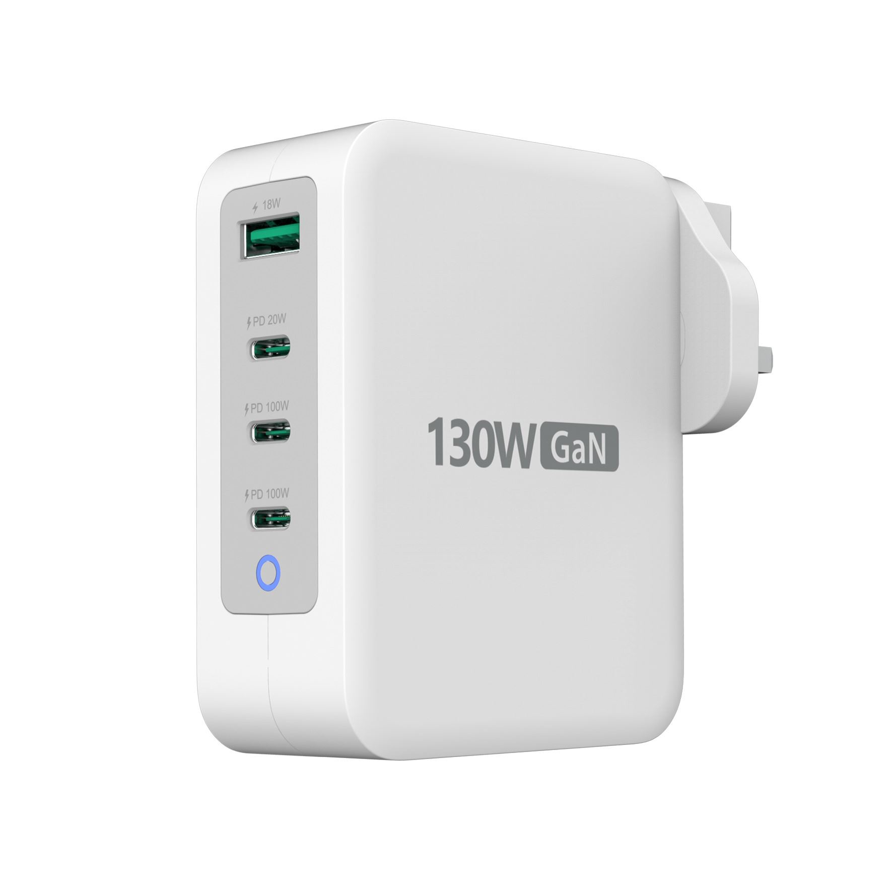 Weißes 130W GaN-Ladegerät mit vier USB-Anschlüssen und britischem Stecker auf weißem Hintergrund.