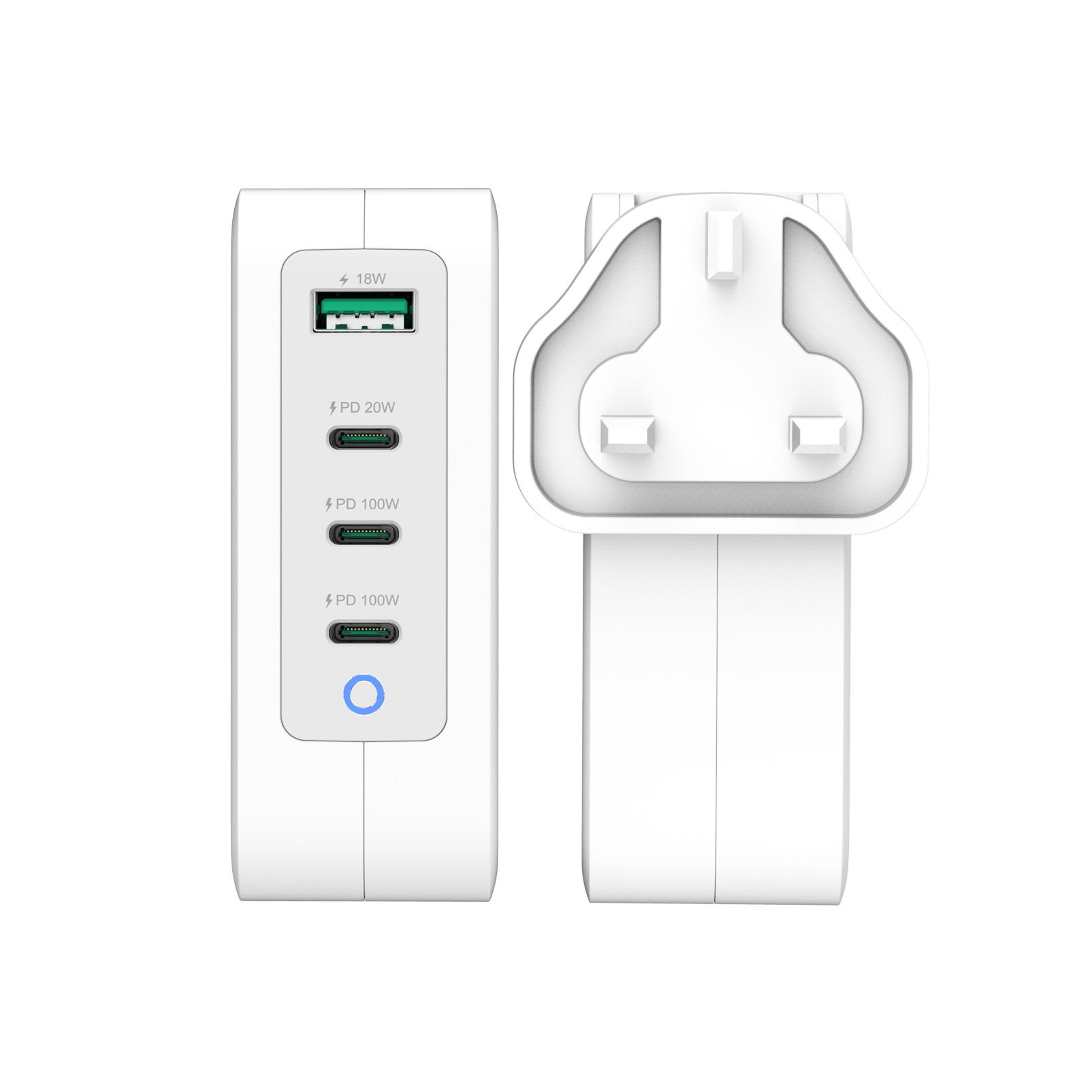 Weißer Wandladegerät mit einem USB-A- und drei USB-C-Anschlüssen sowie einem UK-Stecker.