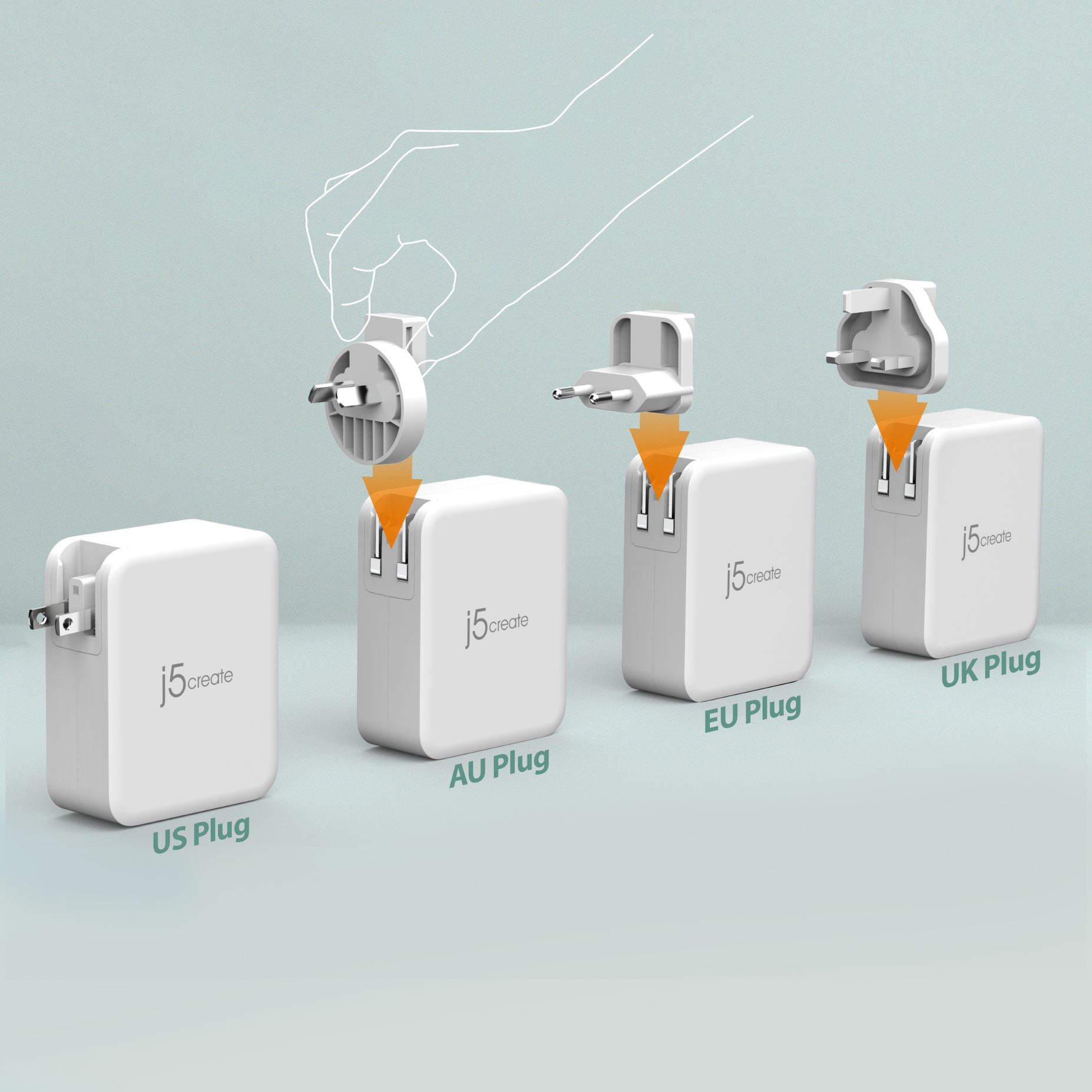 Ein weißer j5create Netzteiladapter mit austauschbaren US-, AU-, EU- und UK-Steckern.