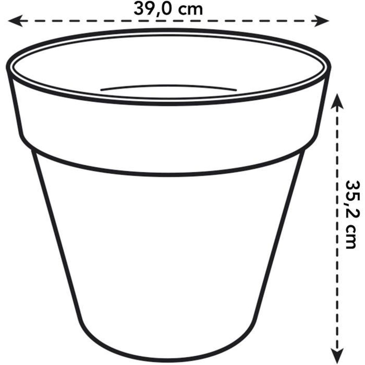 Technische Zeichnung eines Blumentopfs mit Maßen: 39,0 cm Durchmesser und 35,2 cm Höhe.