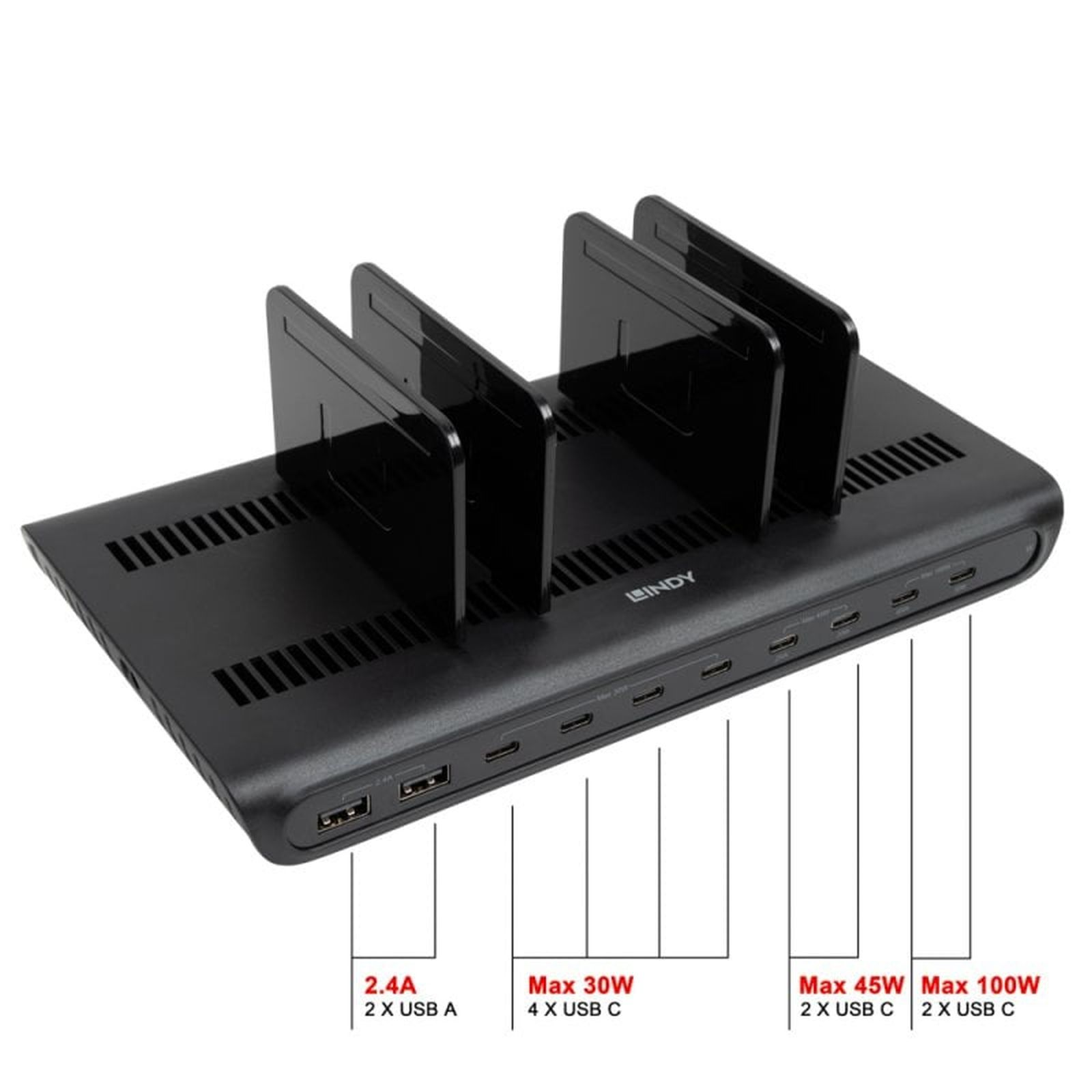 Schwarze Lindy-Ladestation mit vier vertikalen Trennwänden und mehreren USB-A- sowie USB-C-Anschlüssen.