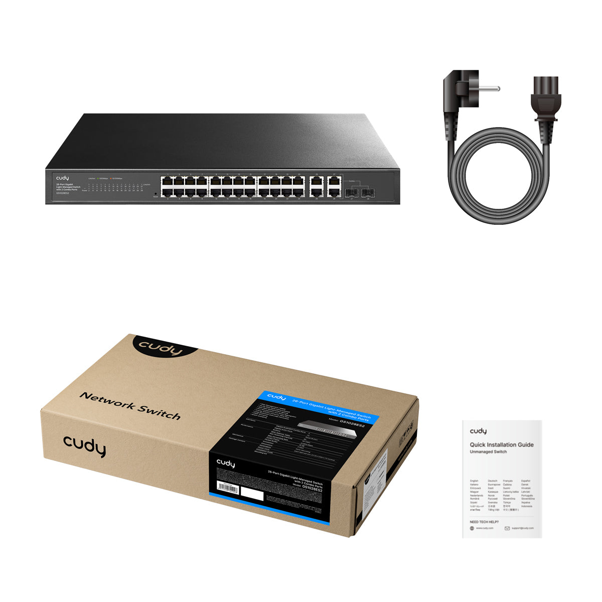 Cudy 26-Port-Netzwerk-Switch mit Stromkabel, Verpackungskarton und Installationsanleitung.