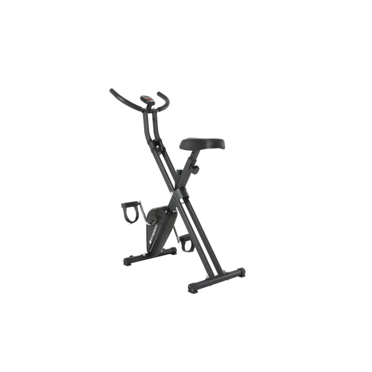 Ein schwarzes Heimtrainer-Fahrrad mit verstellbarem Sattel und Lenker auf weißem Hintergrund.