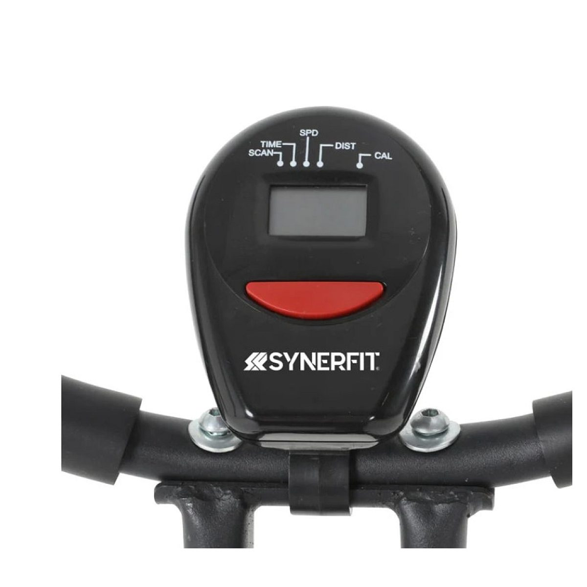 Ein schwarzer Synerfit Fitnessmonitor mit digitalem Bildschirm, roten Tasten und Funktionen wie Zeit, Geschwindigkeit, Distanz und Kalorien.