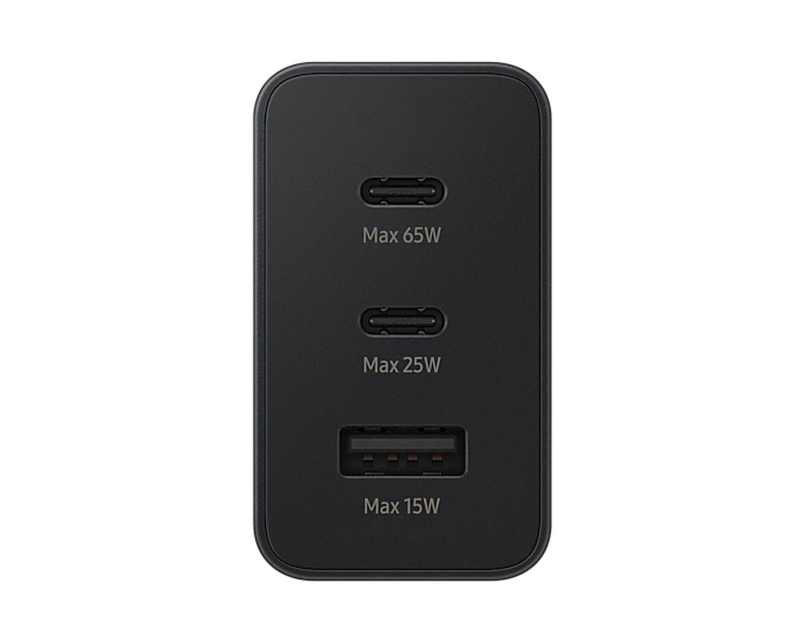 Ein schwarzes USB-Ladegerät mit zwei USB-C-Anschlüssen (Max 65W, Max 25W) und einem USB-A-Anschluss (Max 15W).