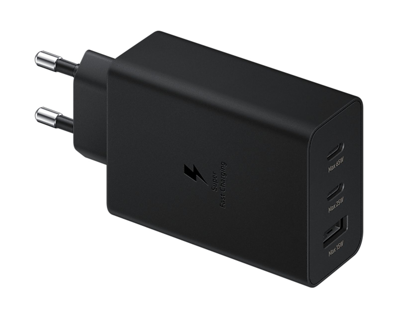 Ein schwarzes USB-C-Ladegerät mit mehreren Anschlüssen.
