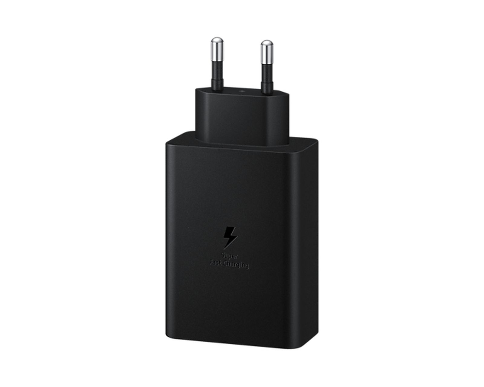 Ein schwarzes USB-Wandladegerät mit europäischem Stecker und Super Fast Charging-Logo.