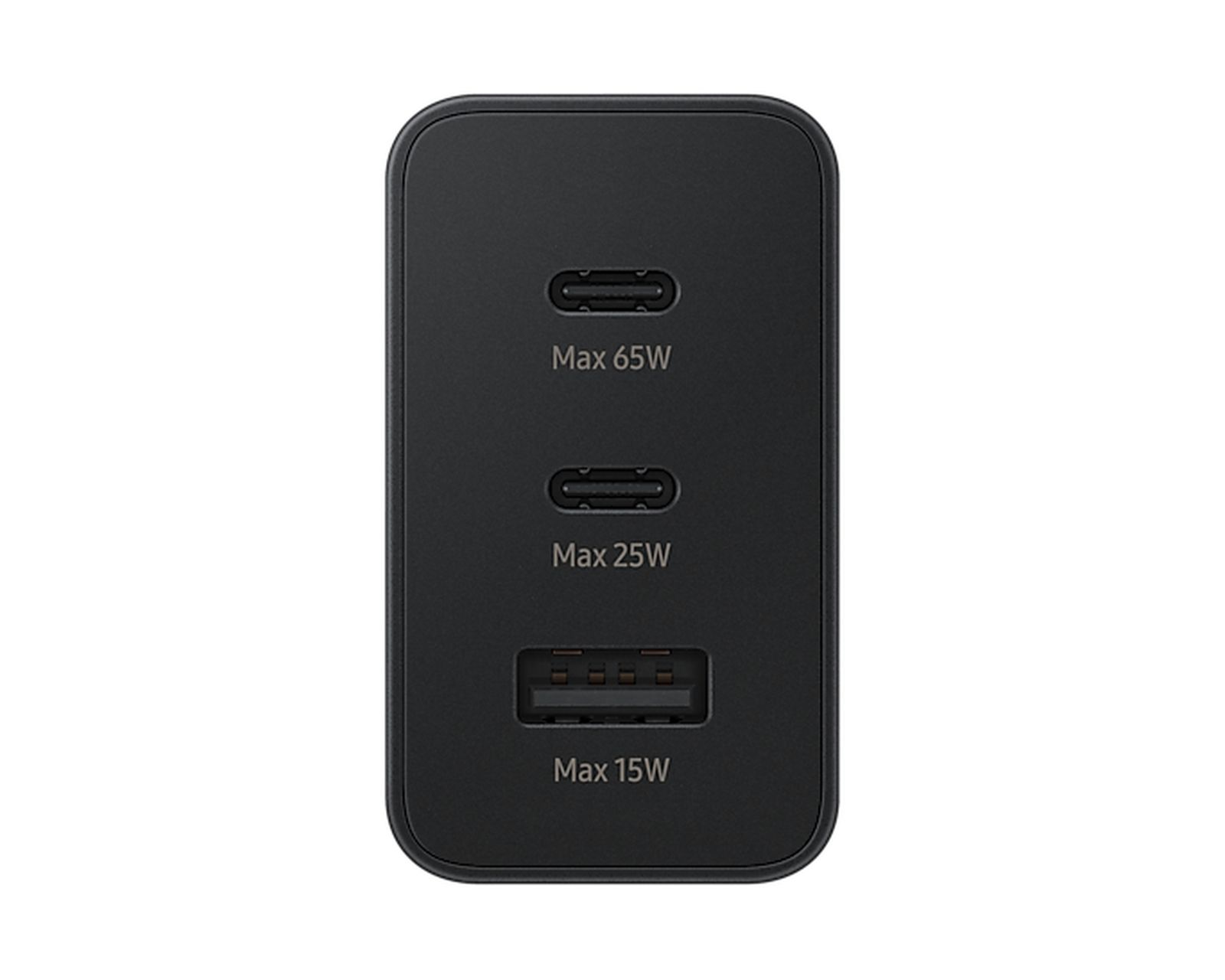 Schwarzes USB-Ladegerät mit zwei USB-C-Anschlüssen (max. 65W, max. 25W) und einem USB-A-Anschluss (max. 15W).
