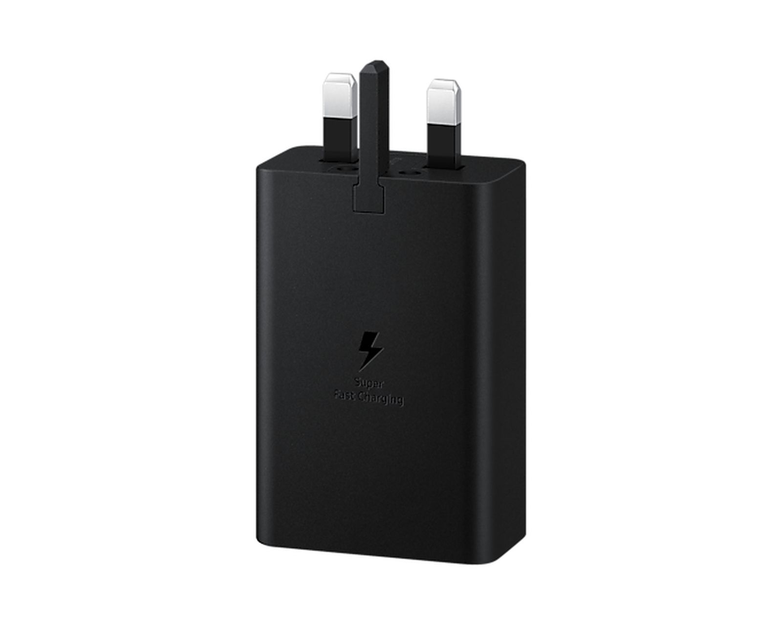 Schwarzes Samsung-Schnellladegerät mit britischem Stecker und Text Super Fast Charging.