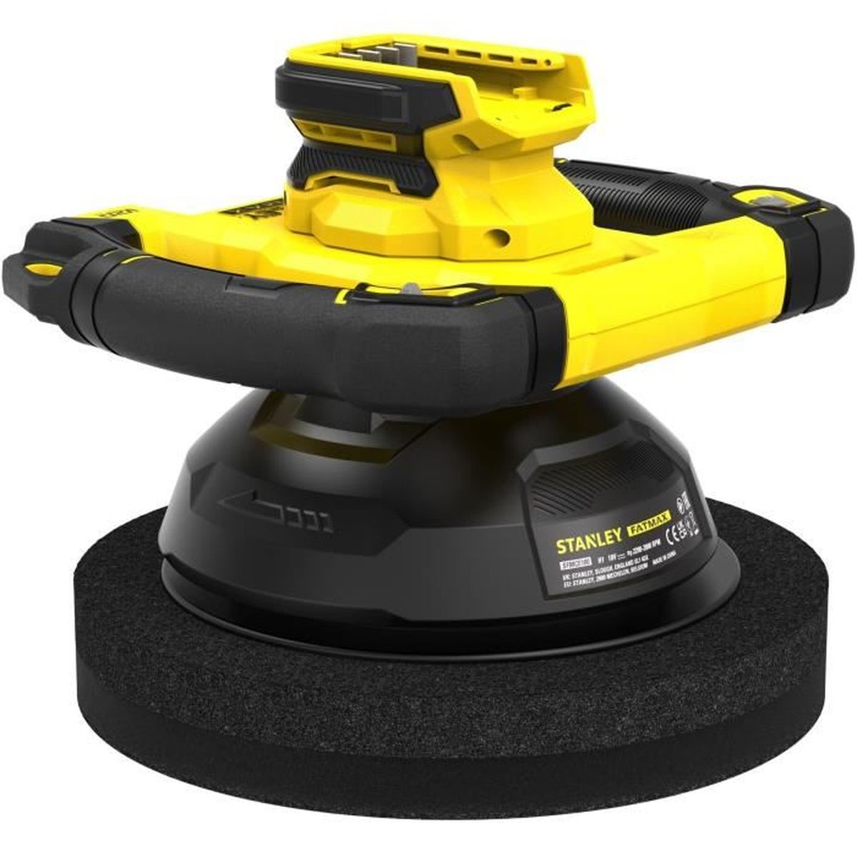 Gelb-schwarze Stanley Fatmax Poliermaschine mit grossem schwarzem Schaumstoffpad auf weissem Hintergrund.