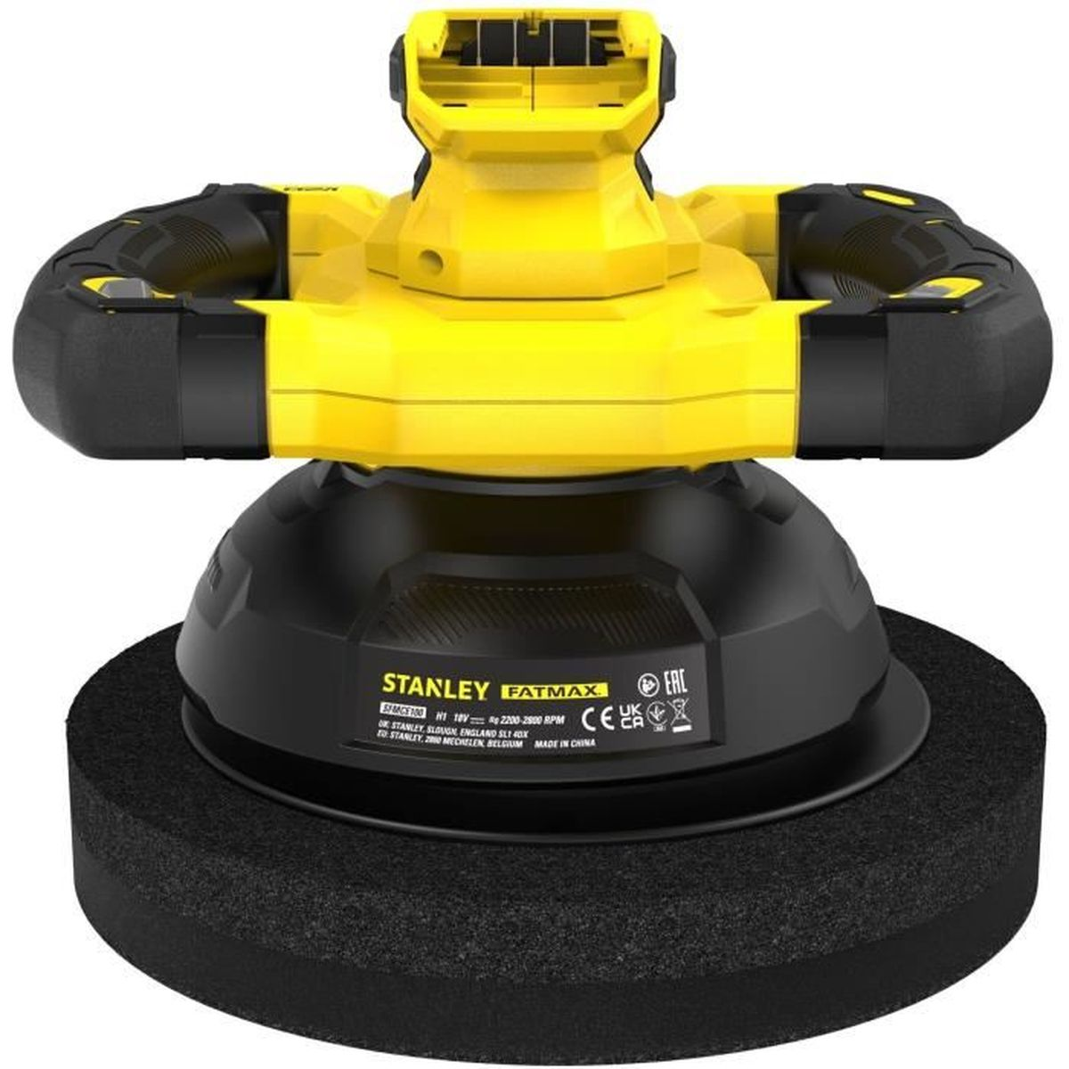 Gelb-schwarze Stanley Fatmax Poliermaschine mit Schaumstoffpad auf weißem Grund.