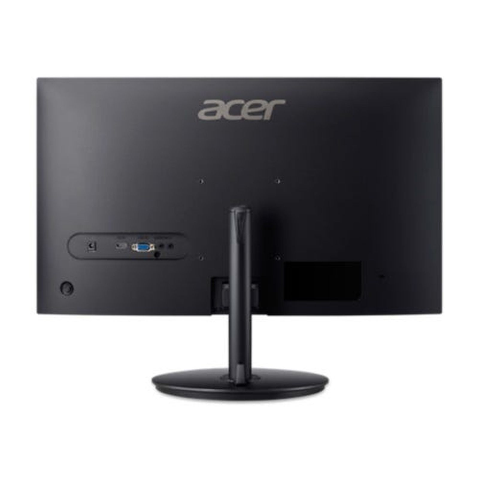 Rückansicht eines schwarzen Acer-Computermonitors mit Anschlüssen und Ständer vor weißem Hintergrund.