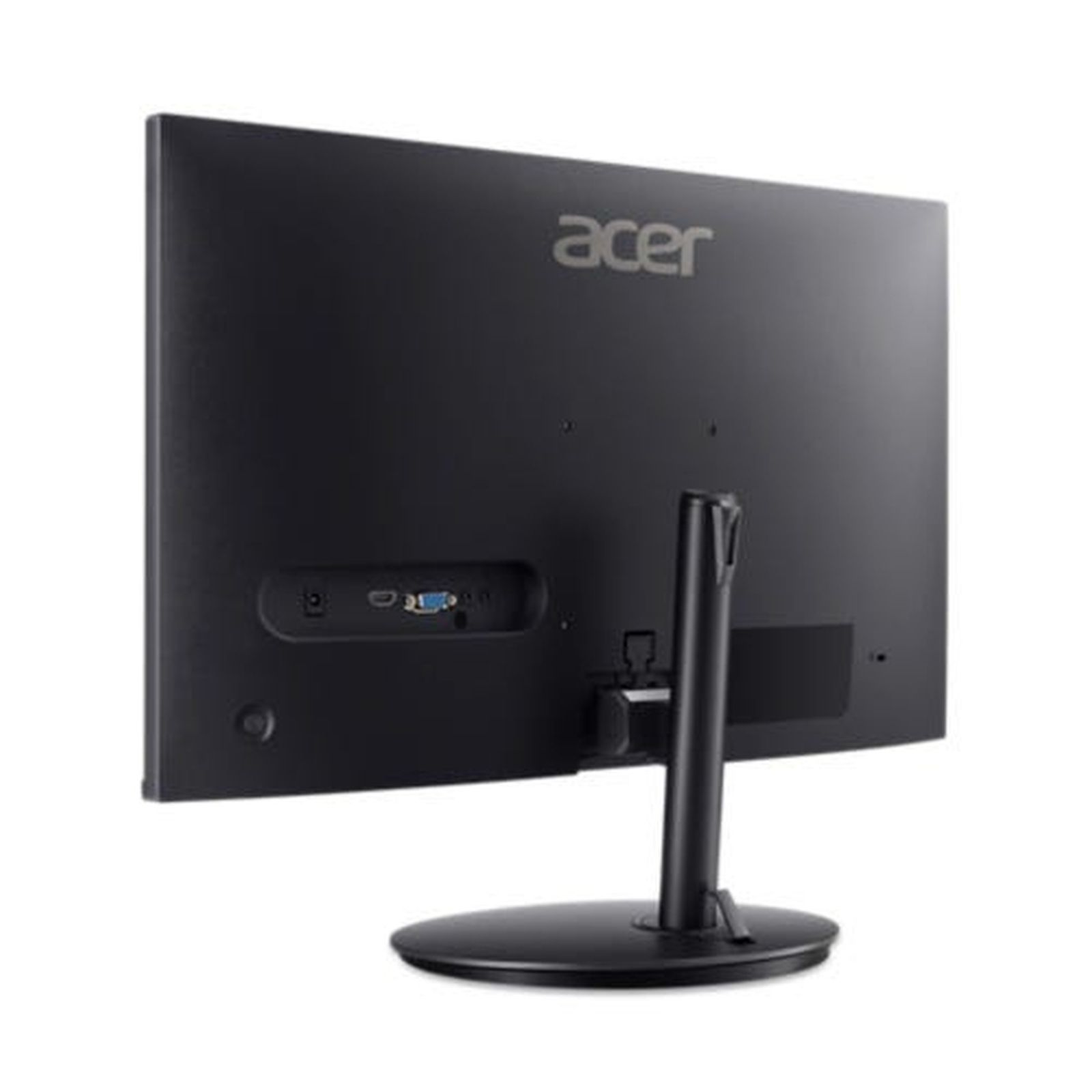 Rückseite eines schwarzen Acer-Monitors mit Standfuß und sichtbaren Anschlüssen auf einer weißen Oberfläche.