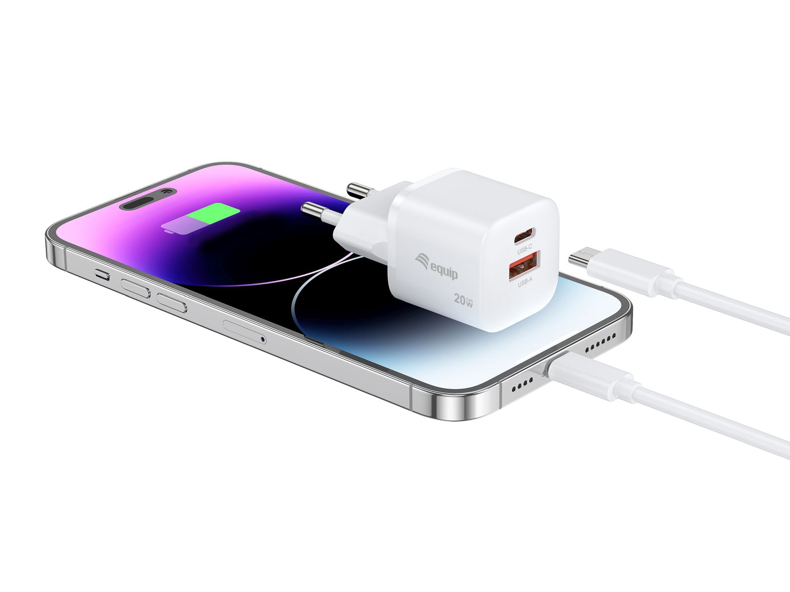 Ein weißes 20W USB-C und USB-A Ladegerät liegt auf einem Smartphone, das geladen wird.