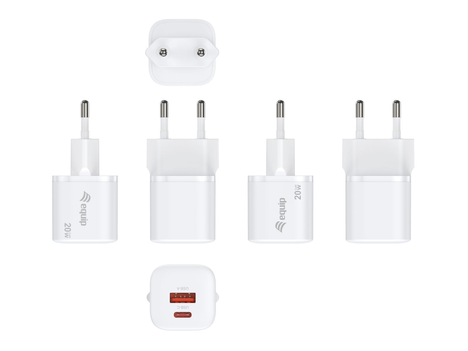 Weißes USB-Ladegerät mit zwei Anschlüssen und Steckern aus verschiedenen Blickwinkeln.
