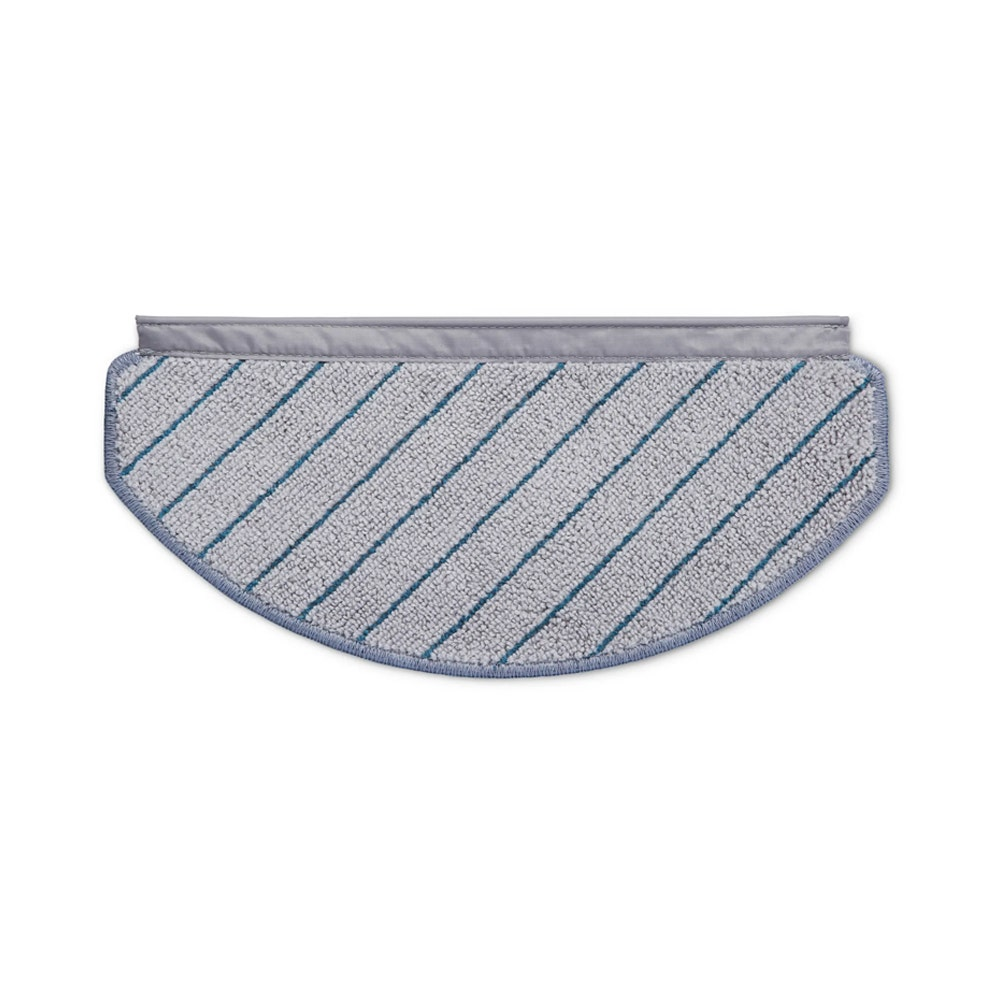 Halbkreisförmiges, graues Wischpad mit blauen Diagonalstreifen und grauer Einfassung.