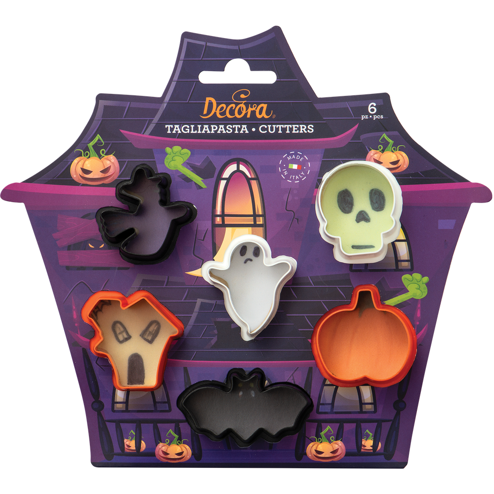 Decora Halloween-Ausstechformen-Set mit 6 Teilen wie Geist, Kürbis, Totenkopf, Fledermaus, Haus und Hexe.
